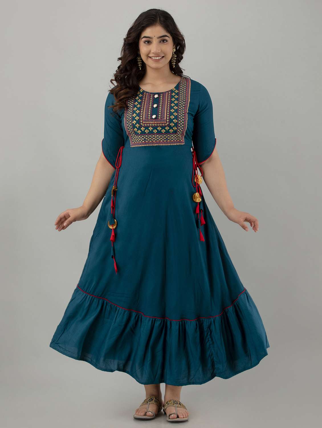 women solid with work short sleeve ethnic dress - 22299140 -  Standard Image - 1