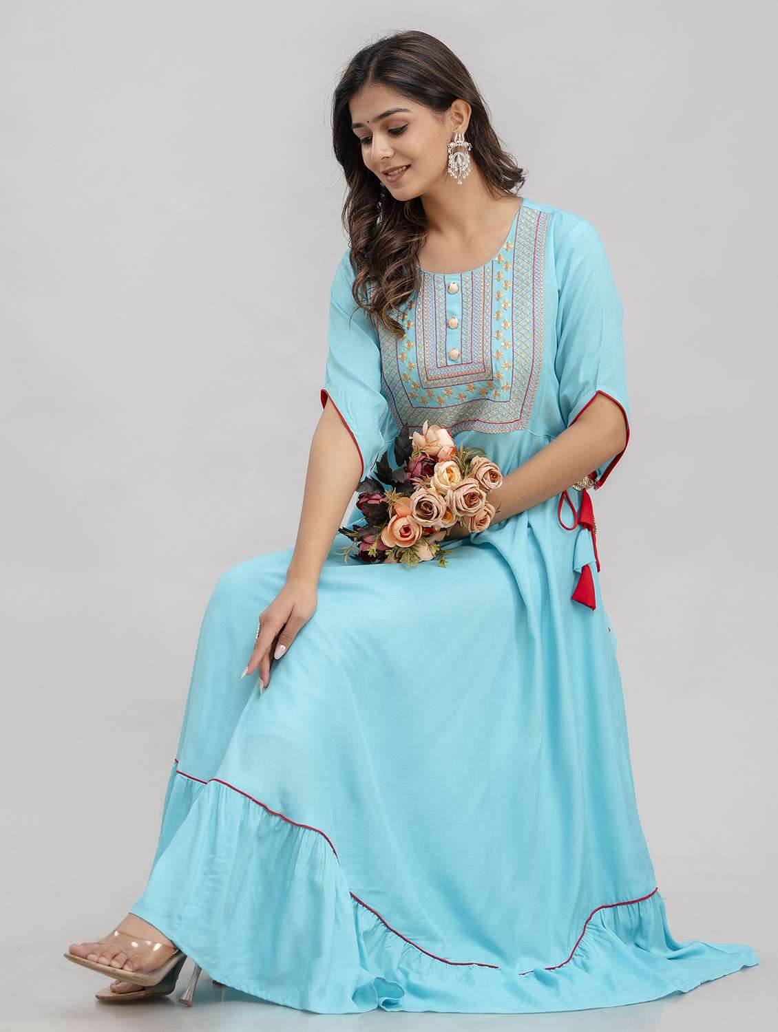 women solid with work three quarter sleeve ethnic dress - 22299141 -  Standard Image - 1