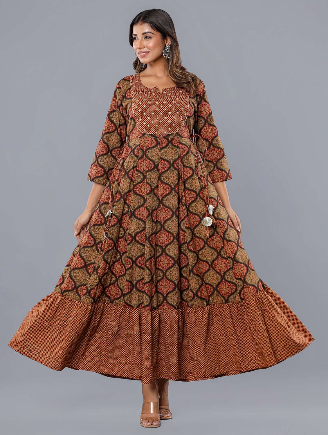 women printed three quarter sleeve ethnic dress - 22299144 -  Standard Image - 1