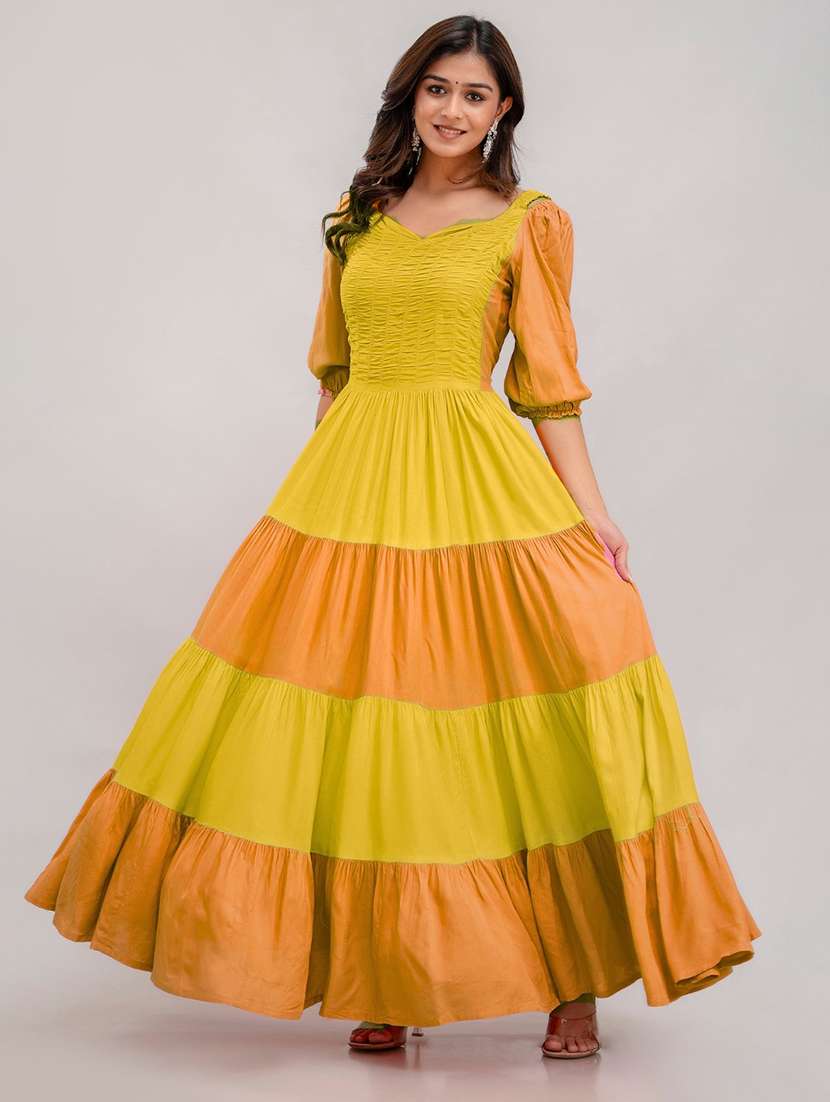 women color block puff sleeve tiered maxi dress