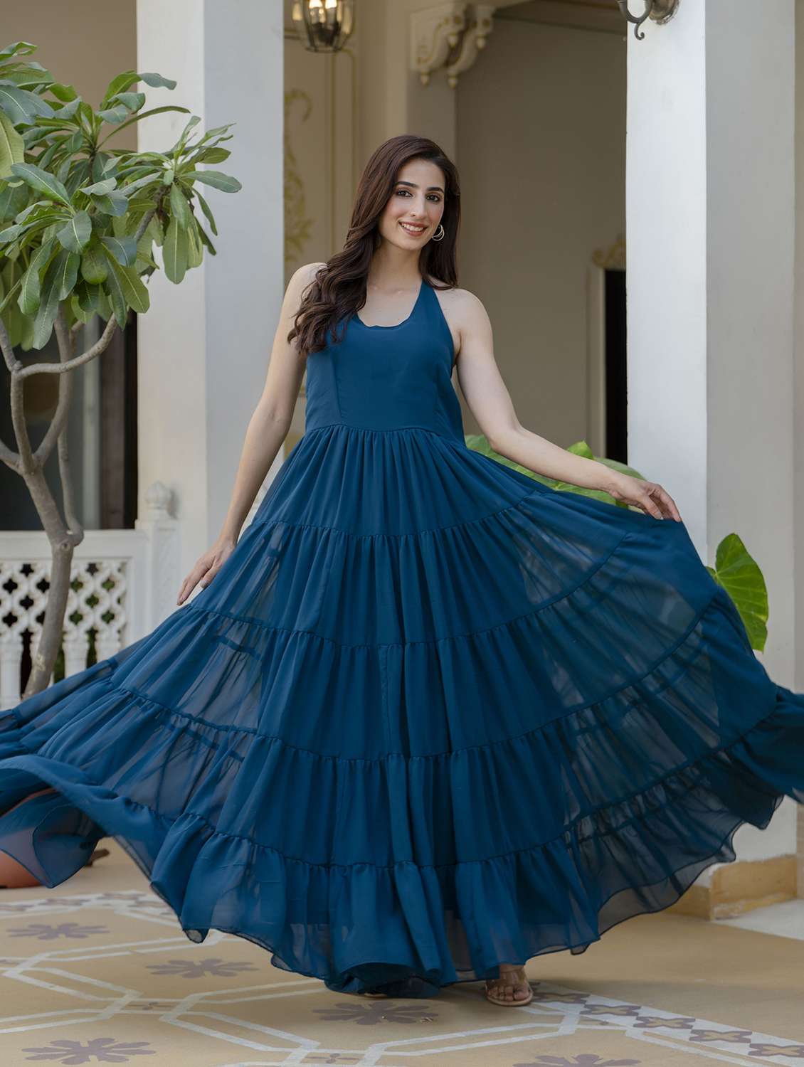 women solid halter neck tiered maxi dress - 22299151 -  Standard Image - 1