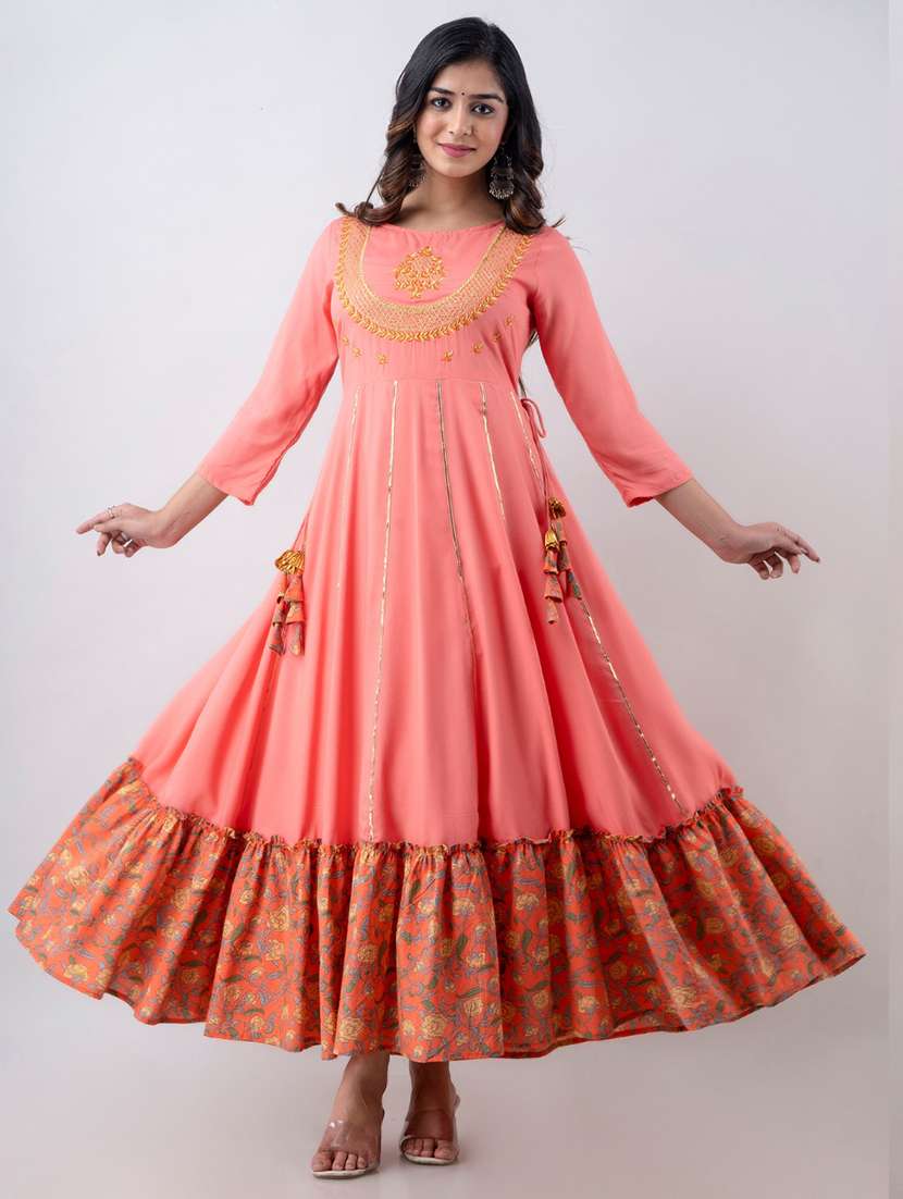 women printed three quarter sleeve ethnic dress - 22299153 -  Standard Image - 1