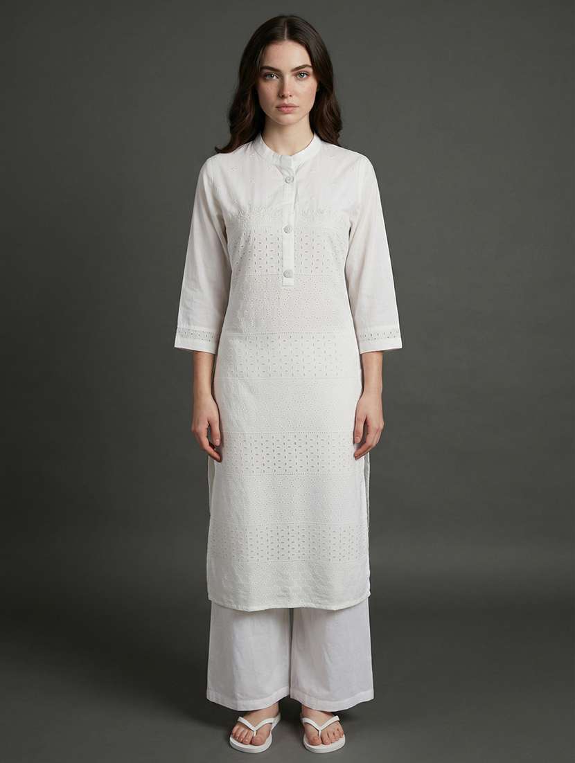women solid with work three quarter sleeve straight kurta