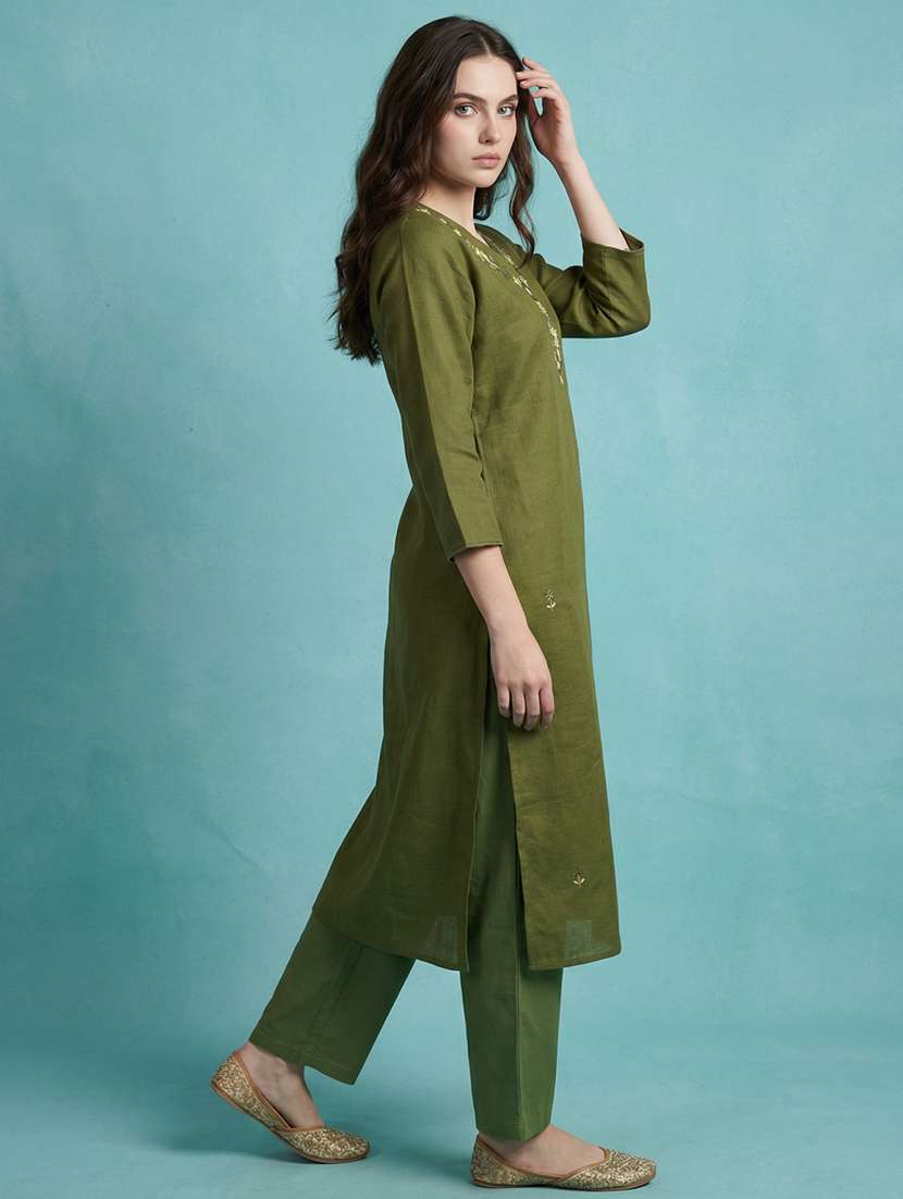 Women Solid With Work Three Quarter Sleeve Straight Kurta - 22299453 -  Standard Image - 1