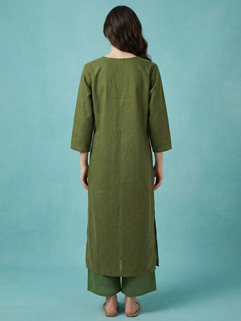 Women Solid With Work Three Quarter Sleeve Straight Kurta - 22299453 -  Standard Image - 4