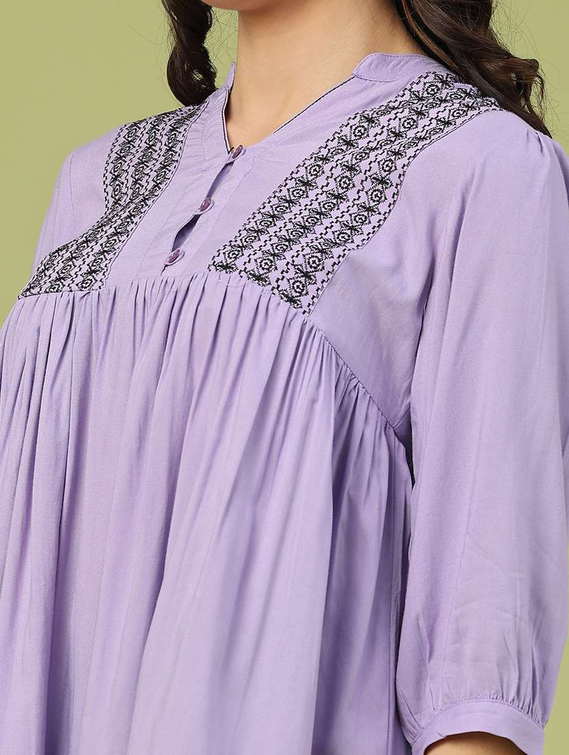 women solid with work three quarter sleeve flared tunic - 22299607 -  Standard Image - 1