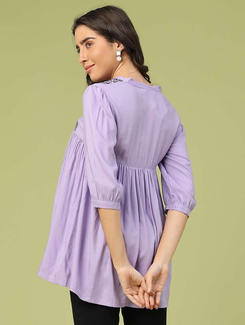 women solid with work three quarter sleeve flared tunic - 22299607 -  Standard Image - 4