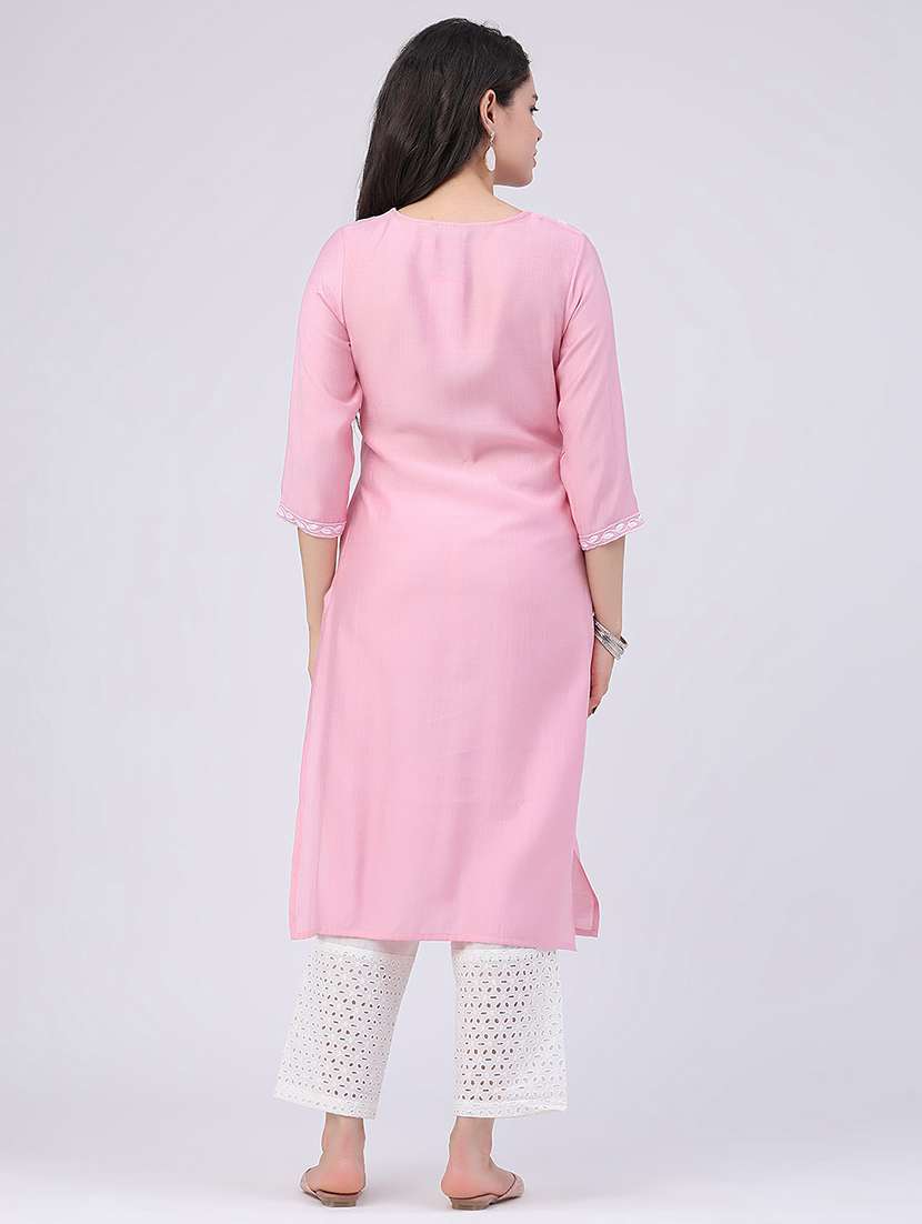 women embroidered three quarter sleeves straight kurta - 22299620 -  Standard Image - 4