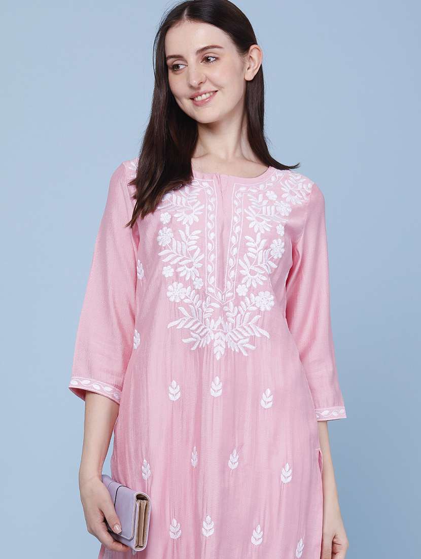 women embroidered three quarter sleeves straight kurta - 22299621 -  Standard Image - 1