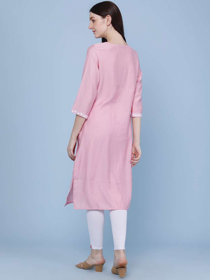 women embroidered three quarter sleeves straight kurta - 22299621 -  Standard Image - 4