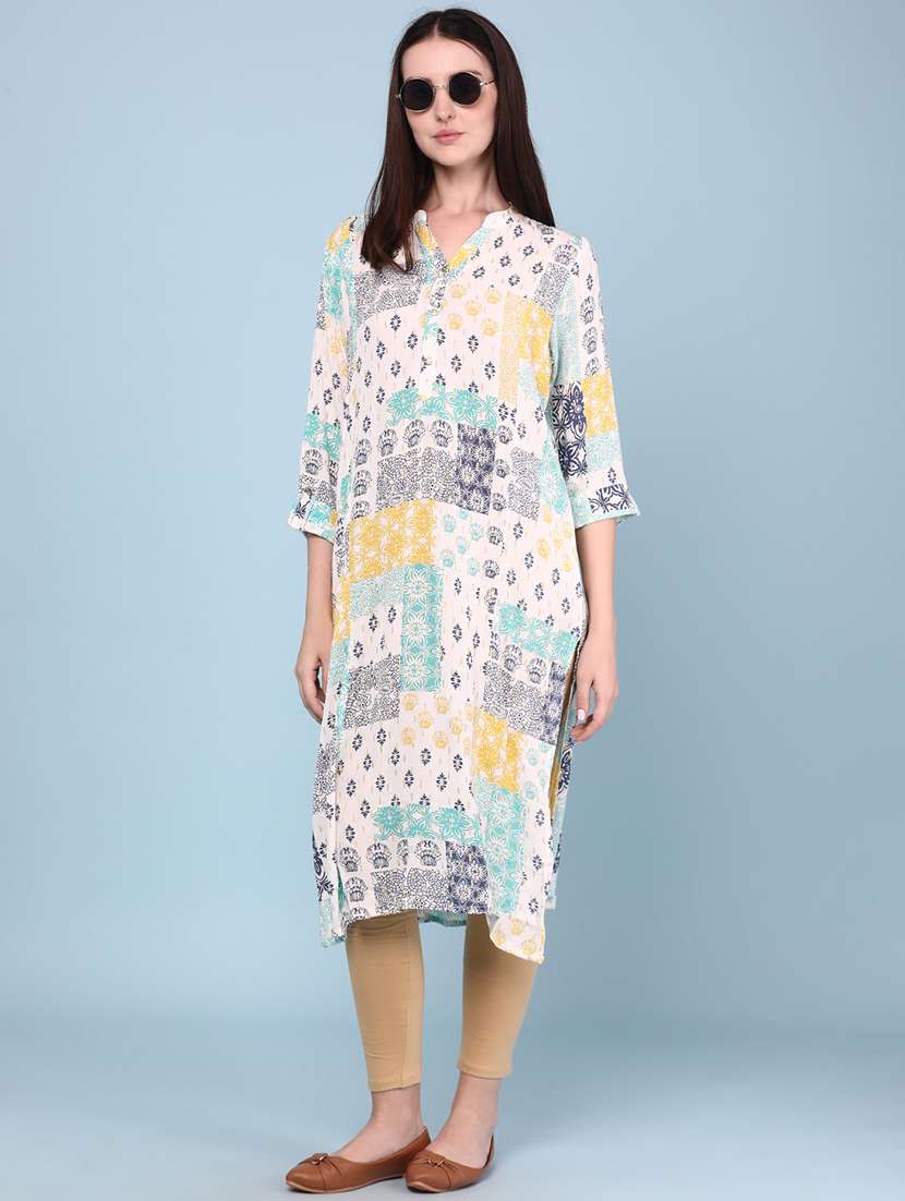 women printed three quarter sleeves straight kurta
