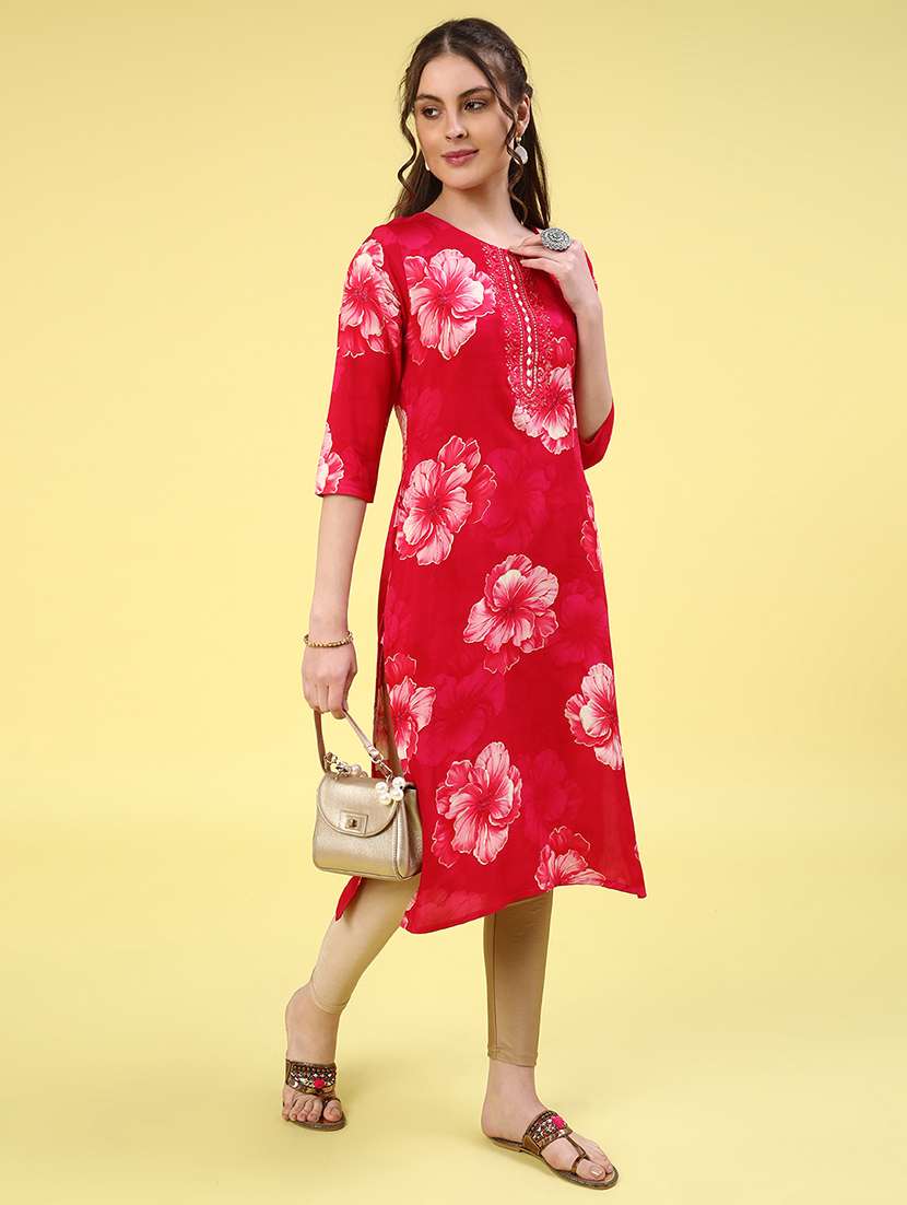 red rayon straight kurta - 22299626 -  Standard Image - 4