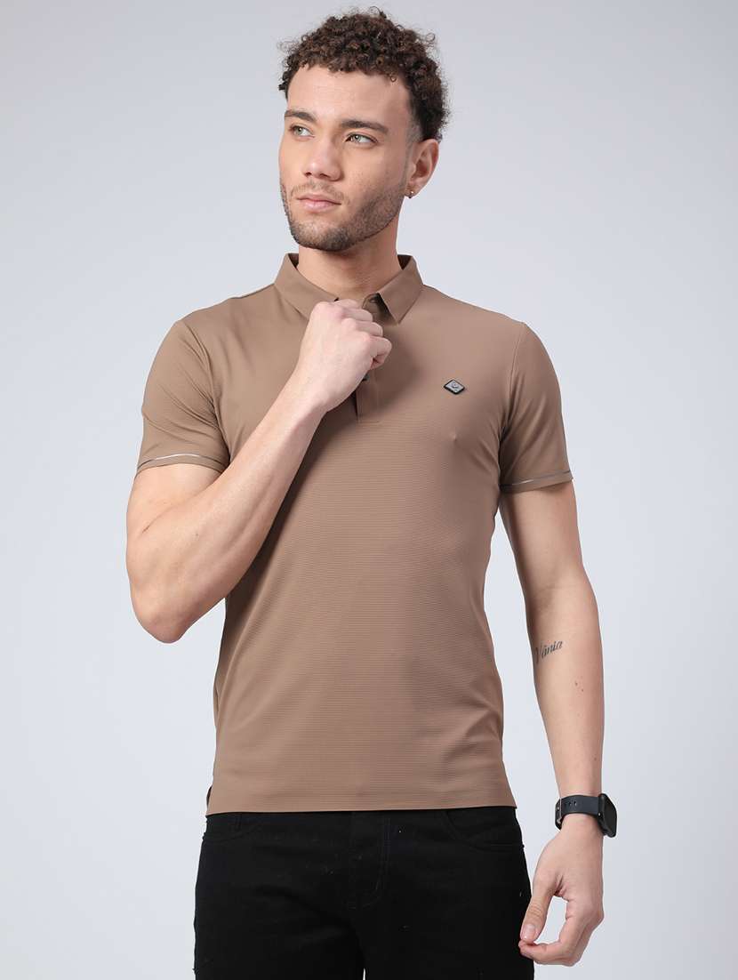 men's brown seamless polo-t-shirt with tonal stitching  slim fit breathable  stretch - 22299821 -  Standard Image - 1