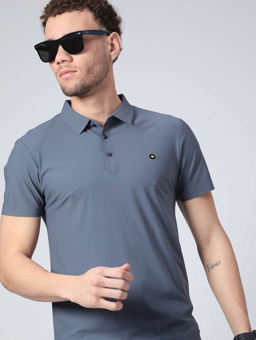 men's grey seamless polo-t-shirt with tonal stitching  slim fit breathable  stretch