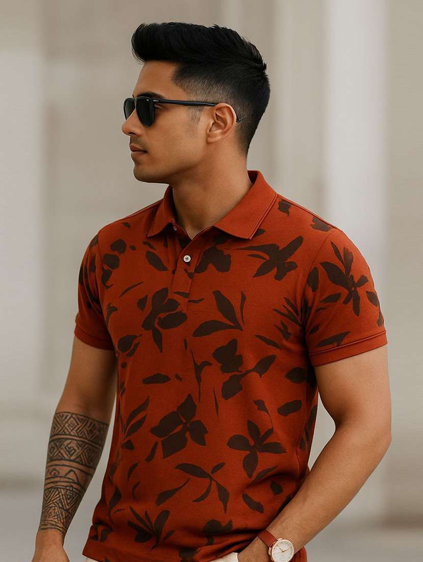 men floral printed short sleeve polo t-shirt - 22300249 -  Standard Image - 1