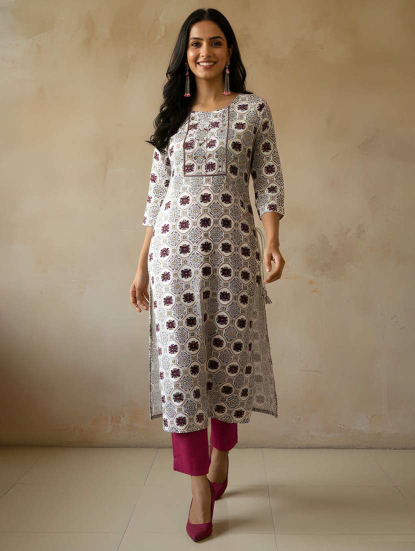 women printed three quarter sleeve straight kurta