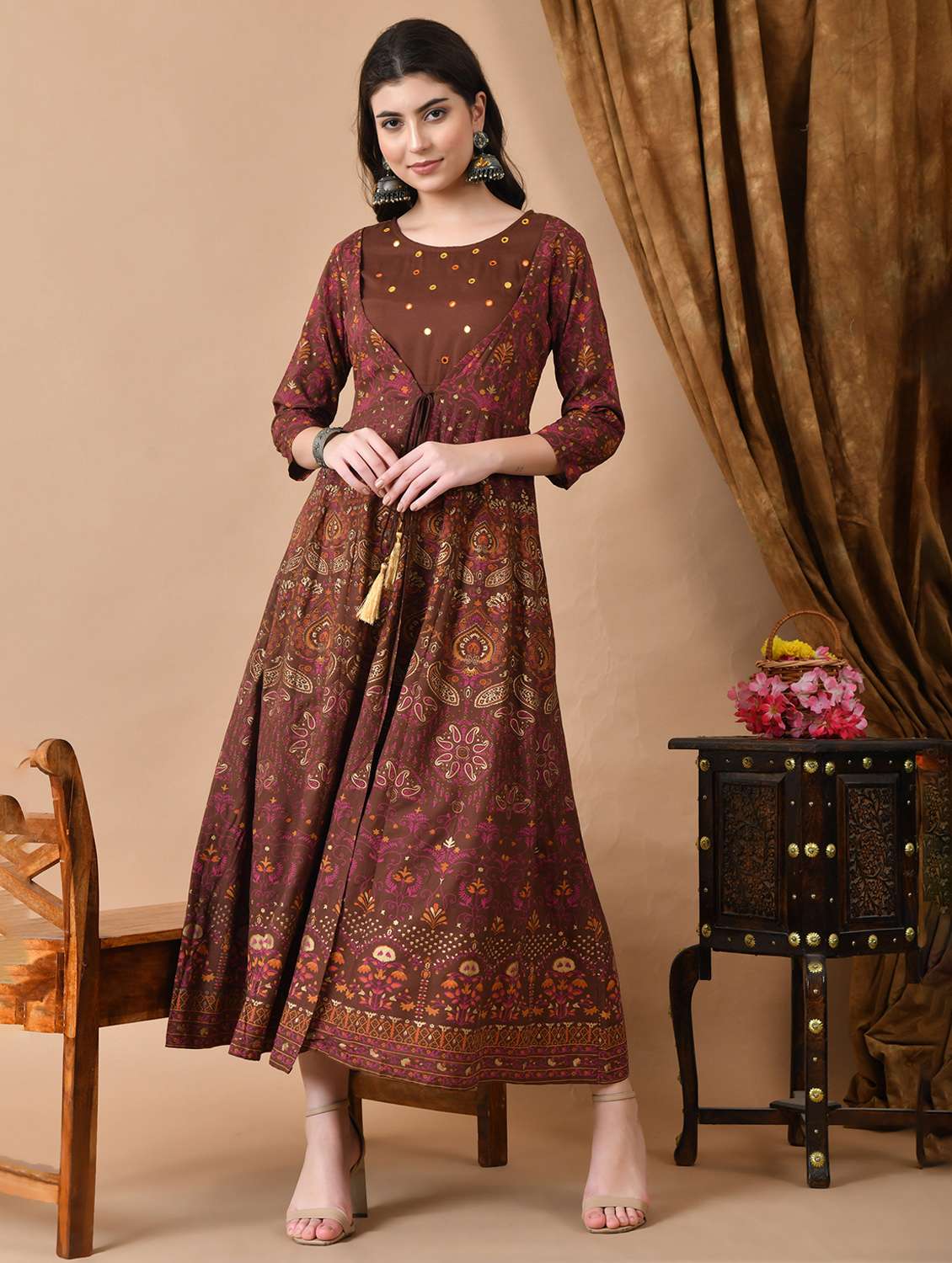 women printed three quarter sleeve ethnic dress