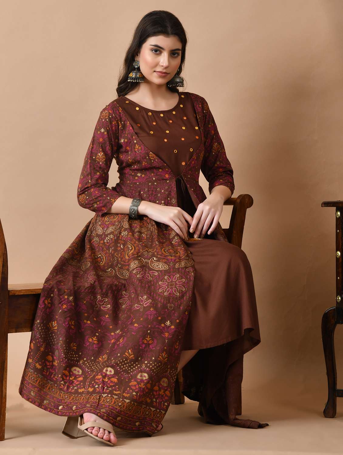 women printed three quarter sleeve ethnic dress - 22300338 -  Standard Image - 1