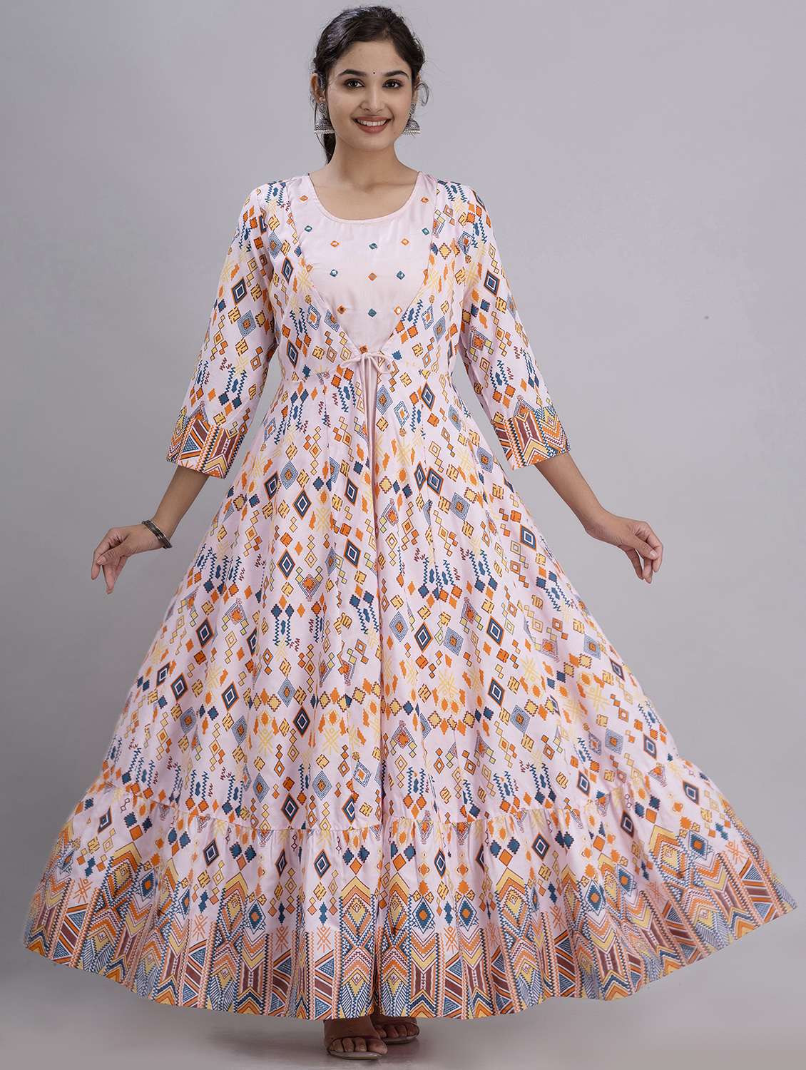 women printed three quarter sleeve ethnic dress - 22300339 -  Standard Image - 1