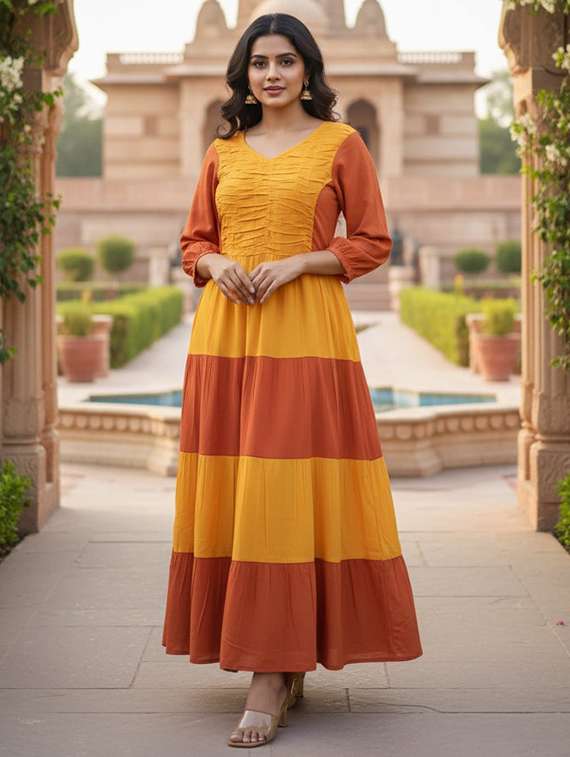 women color block three quarter sleeve tiered maxi dress - 22300343 -  Standard Image - 1