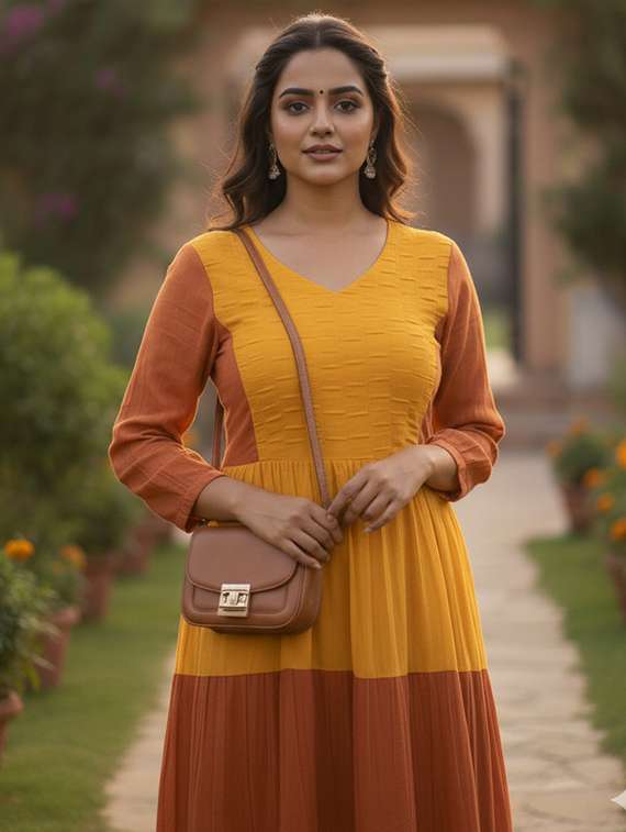 women color block three quarter sleeve tiered maxi dress - 22300343 -  Standard Image - 6