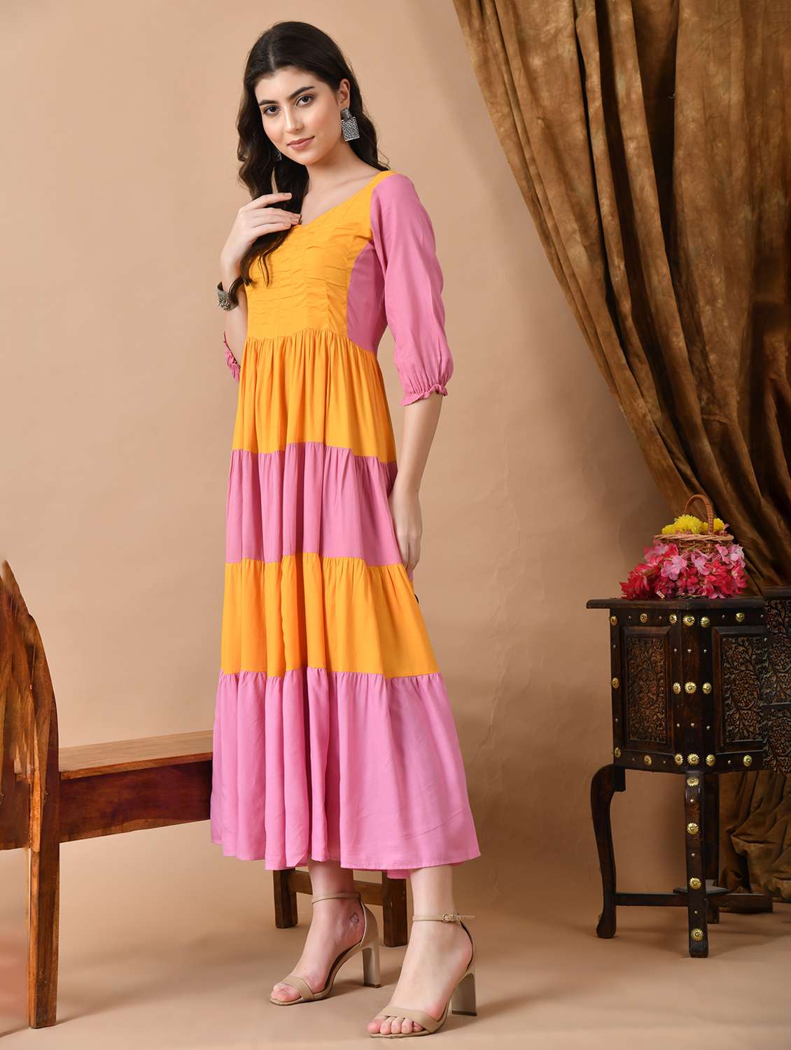 women color block three quarter sleeve tiered maxi dress - 22300344 -  Standard Image - 4