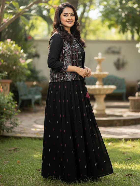 women printed three quarter sleeve ethnic dress - 22300345 -  Standard Image - 1