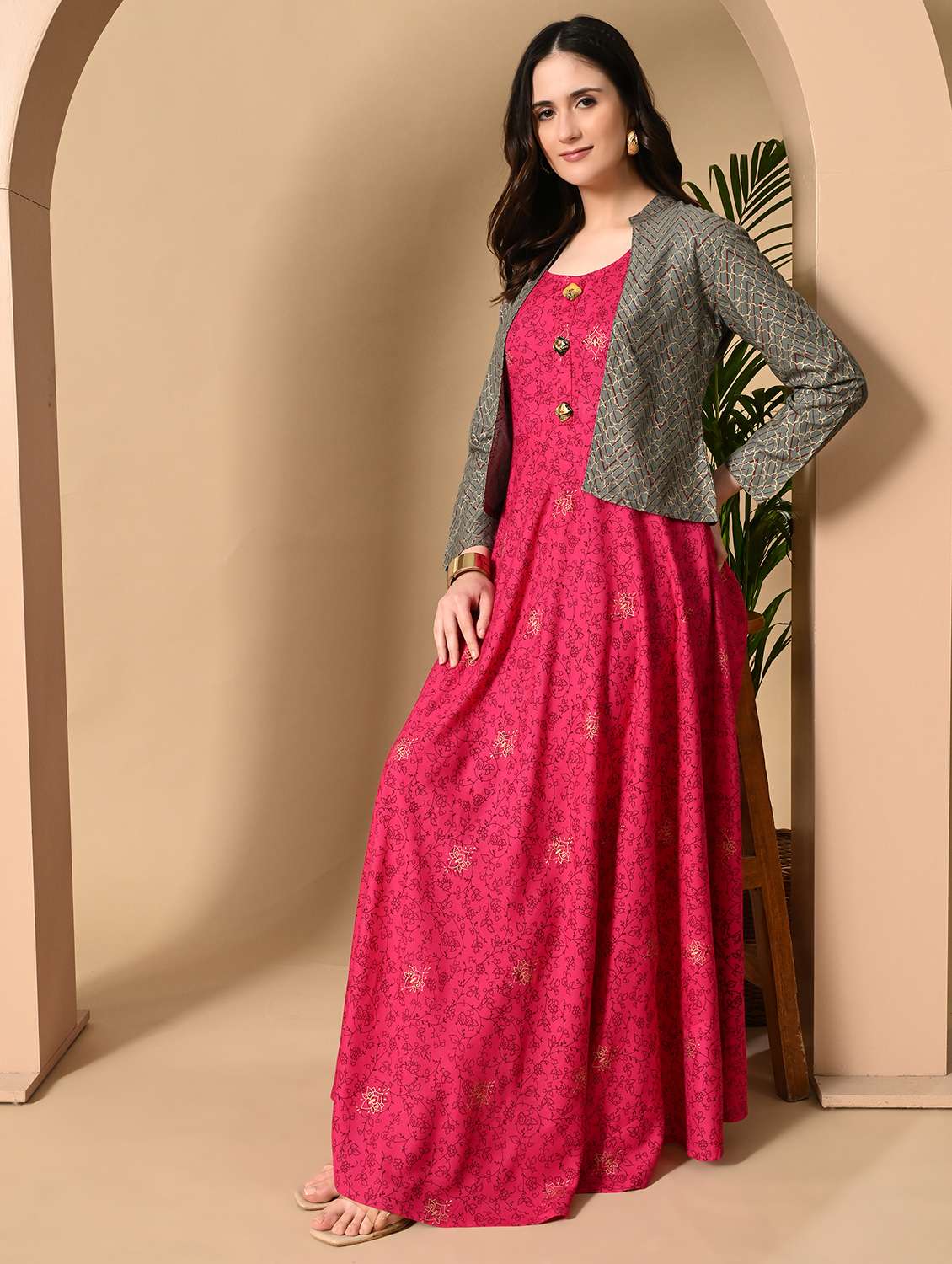 women printed three quarter sleeve ethnic dress - 22300346 -  Standard Image - 1