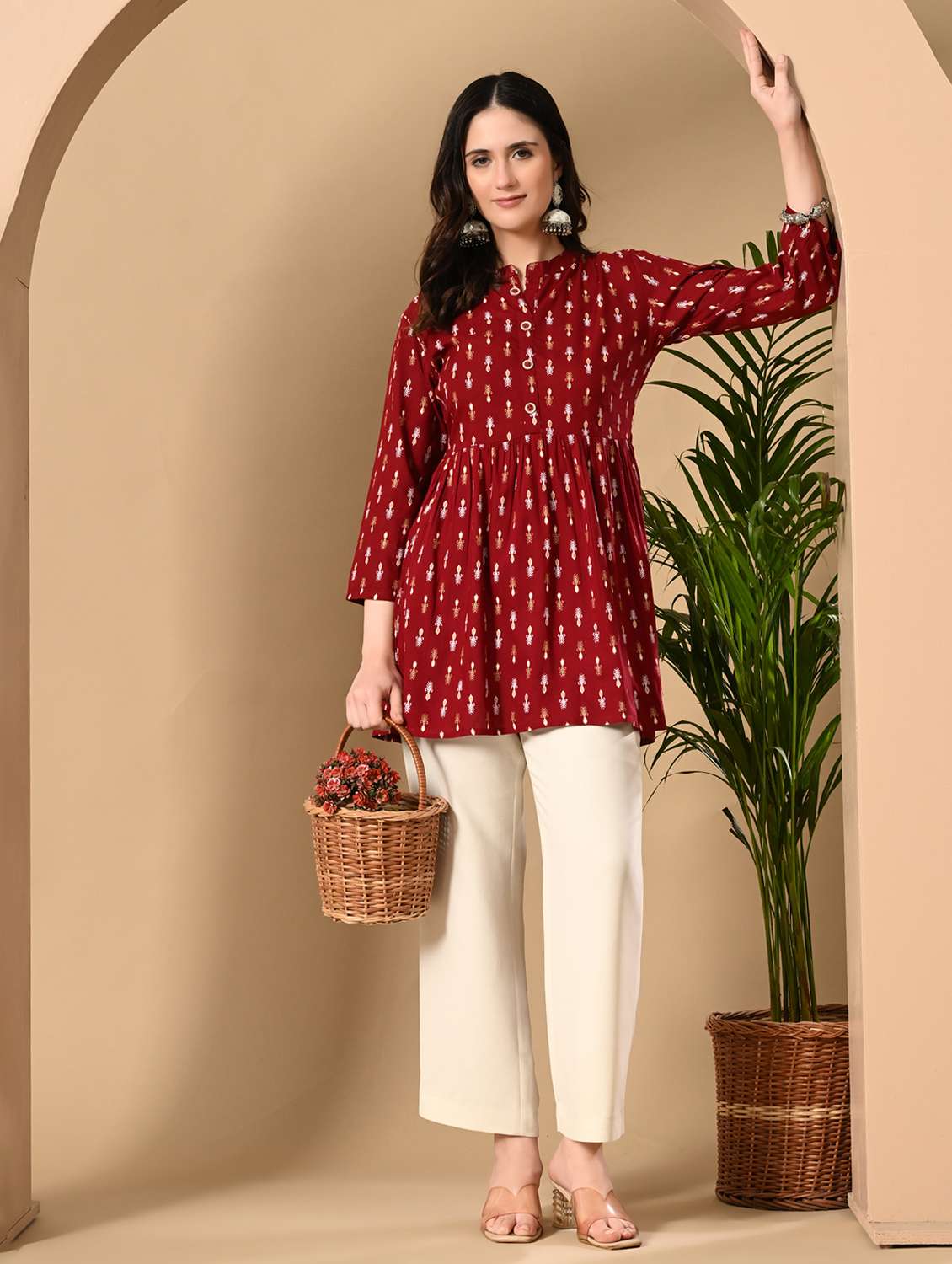 women printed three quarter sleeve a-line kurti
