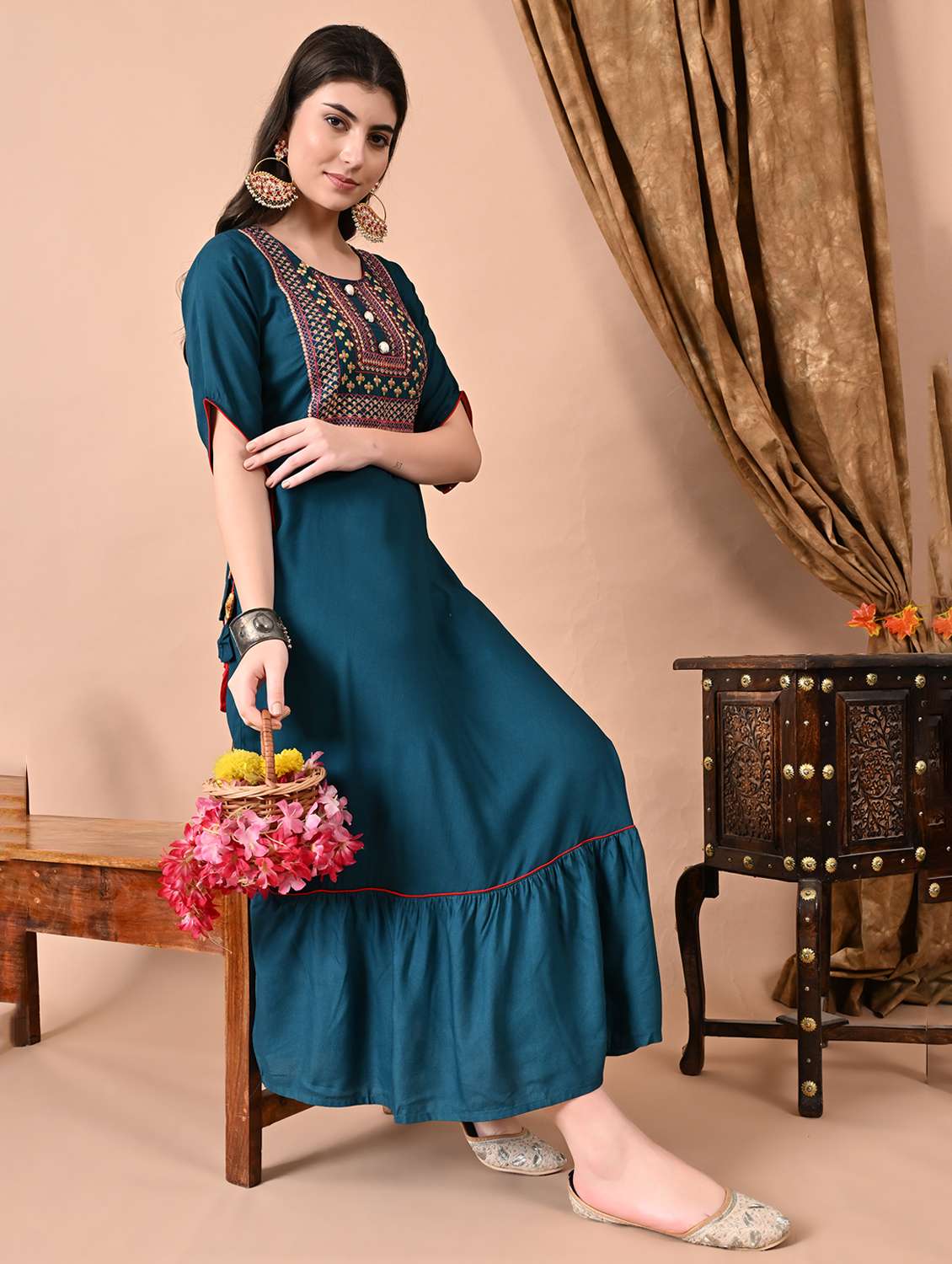 women solid with work three quarter sleeve ethnic dress - 22300356 -  Standard Image - 1