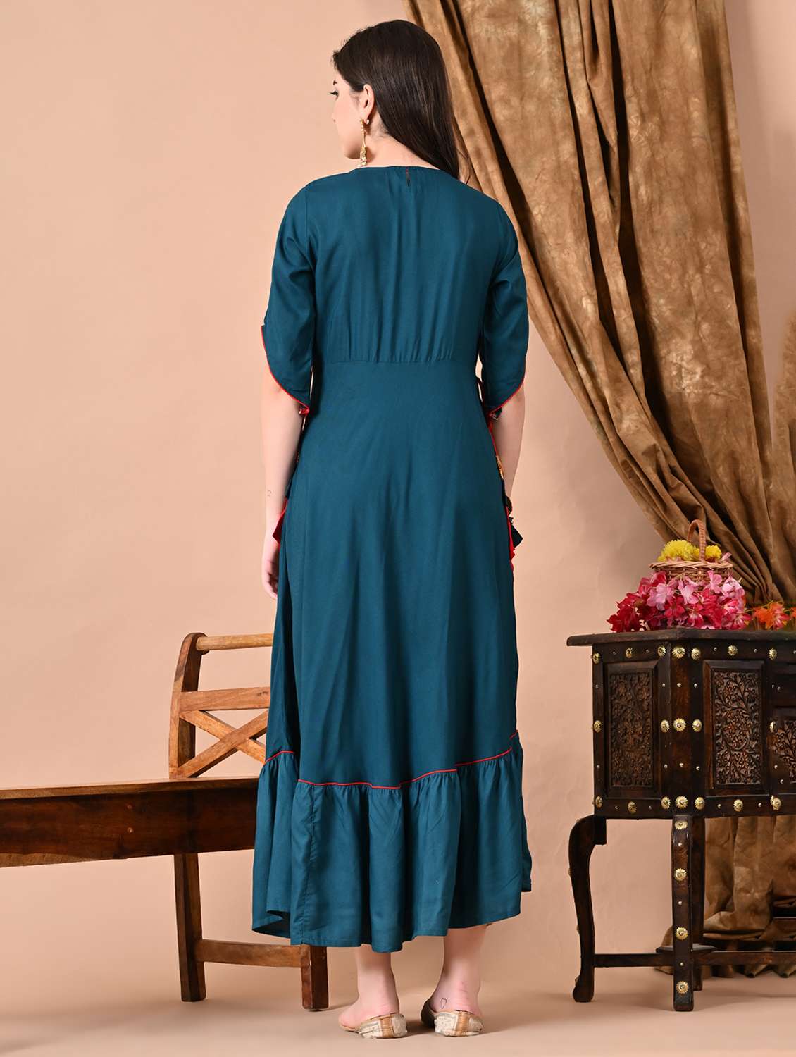 women solid with work three quarter sleeve ethnic dress - 22300356 -  Standard Image - 4