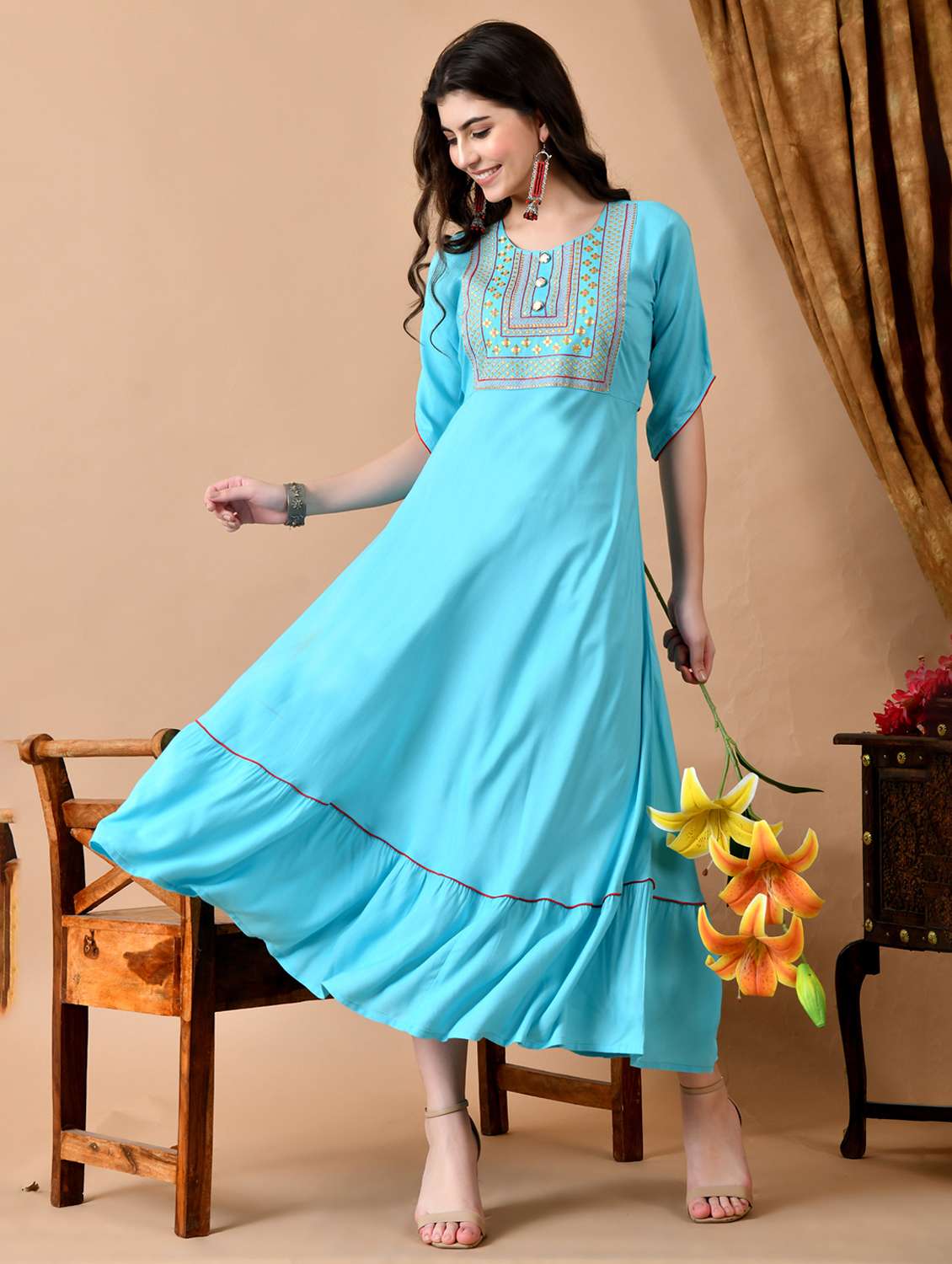women solid with work three quarter sleeve ethnic dress - 22300357 -  Standard Image - 1