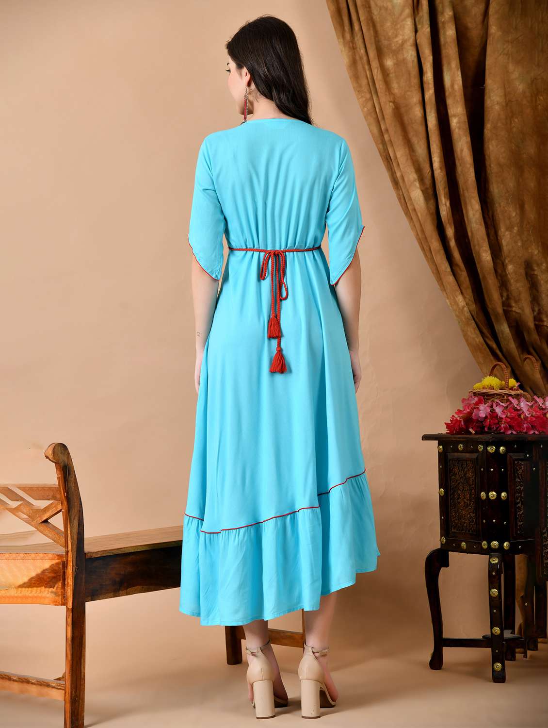 women solid with work three quarter sleeve ethnic dress - 22300357 -  Standard Image - 4