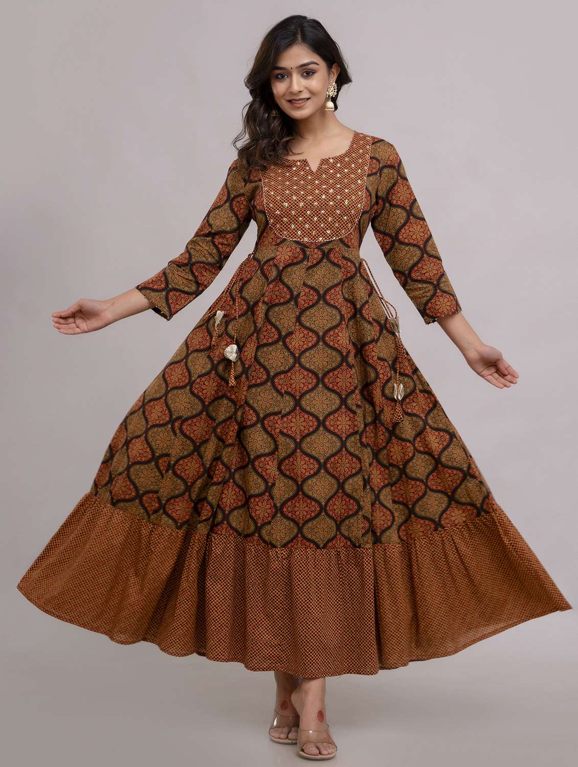 women printed three quarter sleeve ethnic dress - 22300358 -  Standard Image - 1