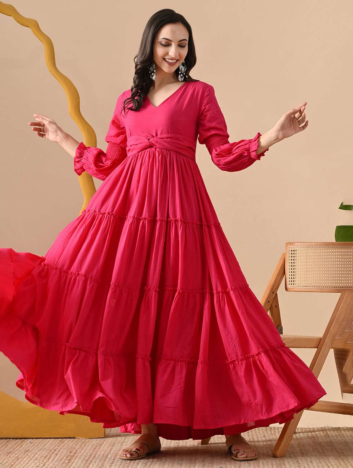 women solid long sleeve tiered maxi dress - 22300360 -  Standard Image - 1