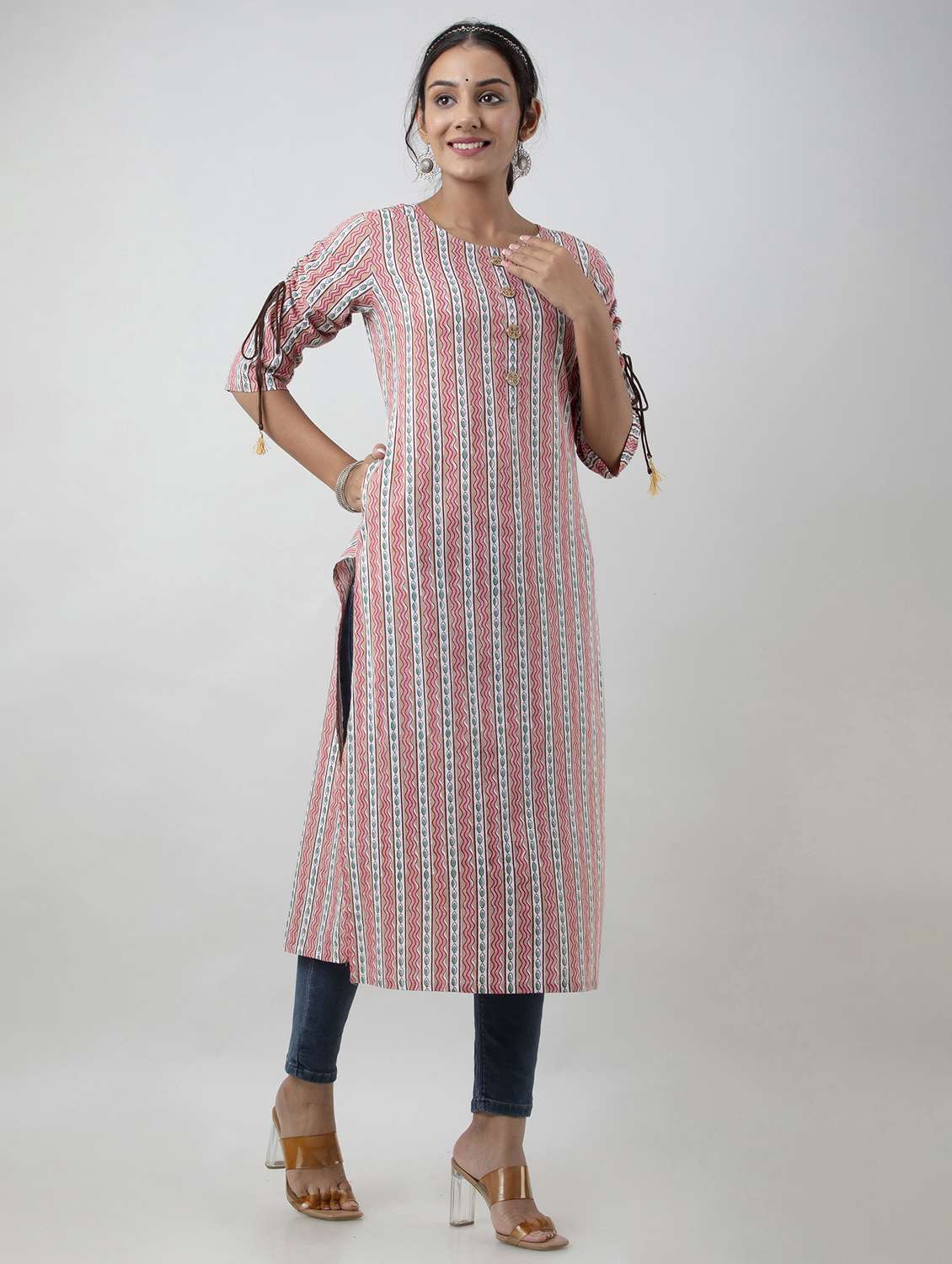 women printed elbow sleeve straight kurta - 22300364 -  Standard Image - 1