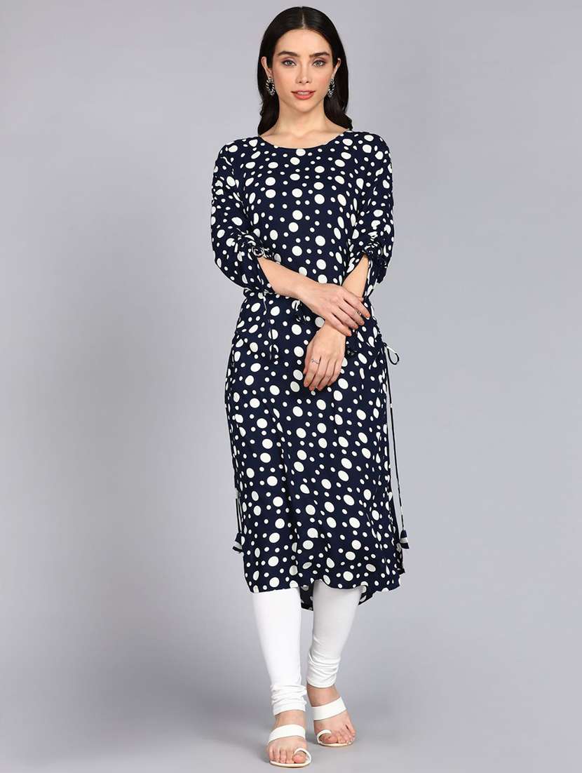 women polka dot three quarter sleeve straight kurta - 22300369 -  Standard Image - 1