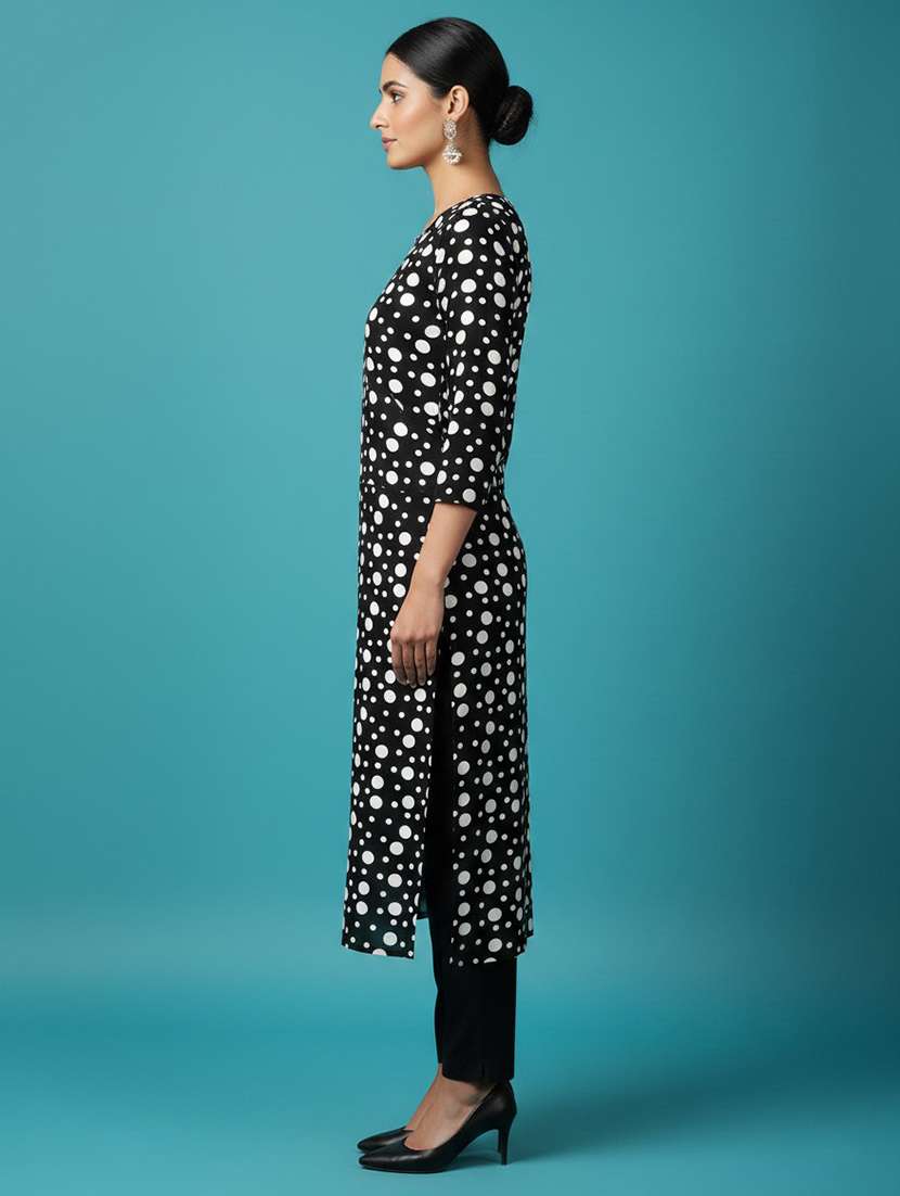 women polka dot three quarter sleeve straight kurta - 22300370 -  Standard Image - 1