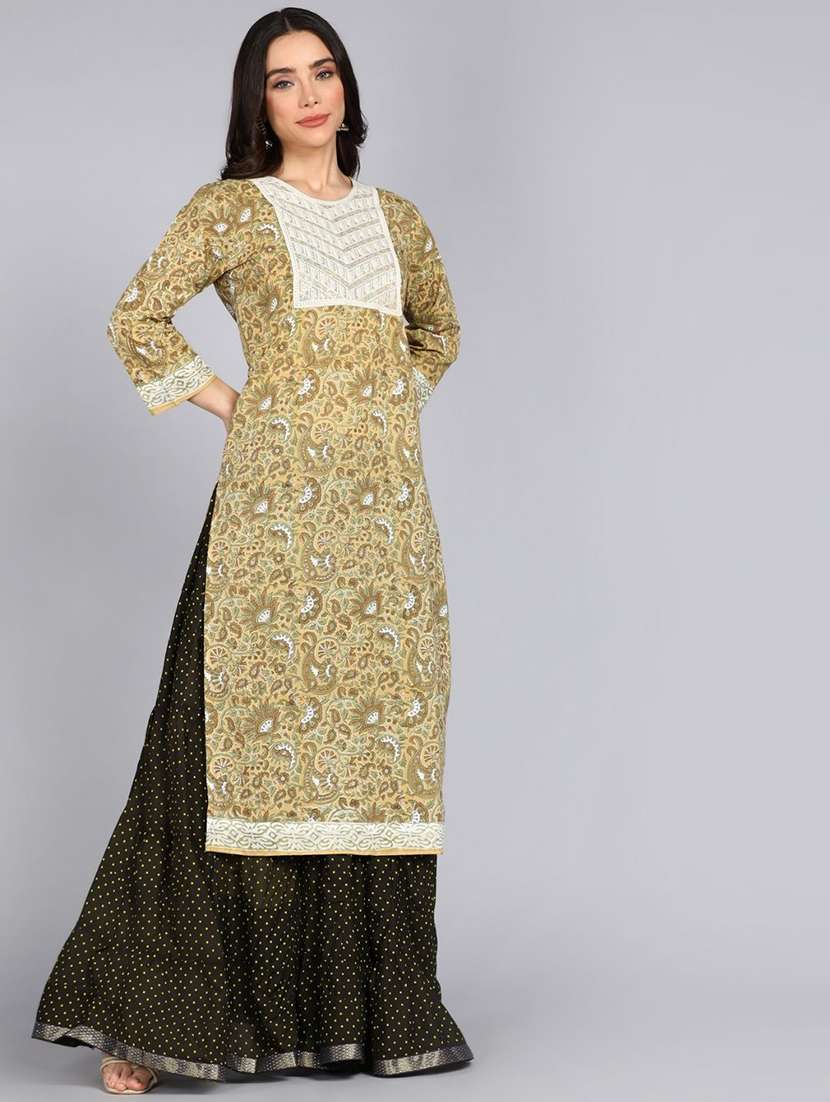 women paisley three quarter sleeve straight kurta - 22300371 -  Standard Image - 1