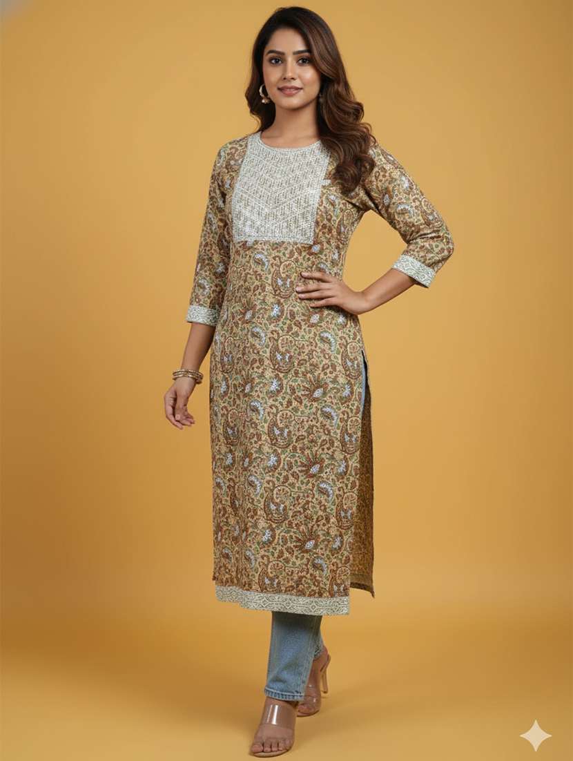 women paisley three quarter sleeve straight kurta - 22300372 -  Standard Image - 1