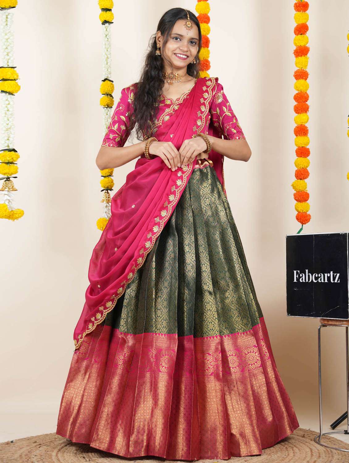 women self design south indian style unstitched lehenga choli set - 22300379 -  Standard Image - 1