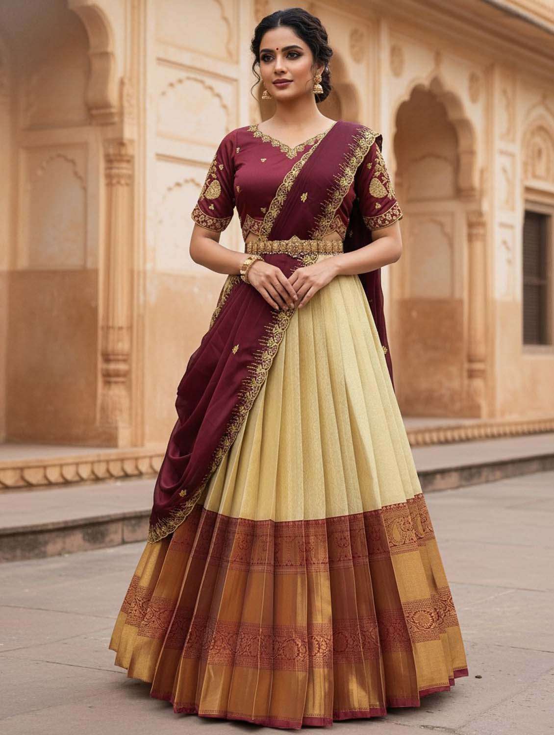 women self design south indian style unstitched lehenga choli set - 22300386 -  Standard Image - 1