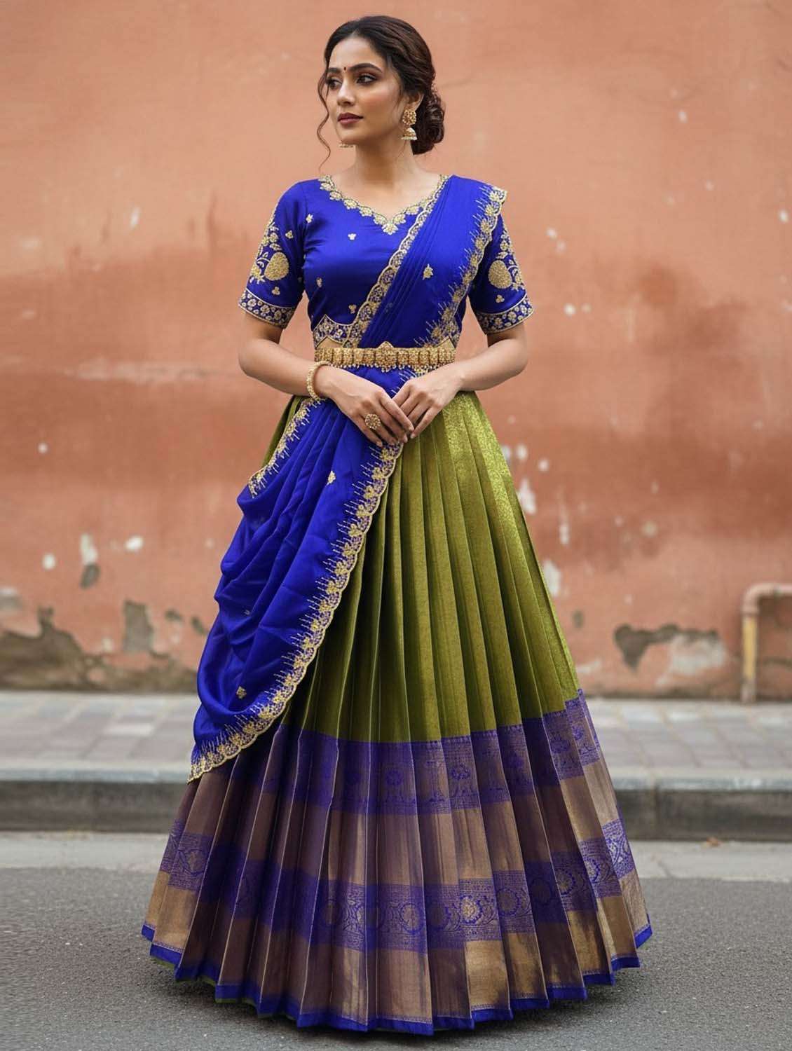 women self design south indian style unstitched lehenga choli set - 22300391 -  Standard Image - 1