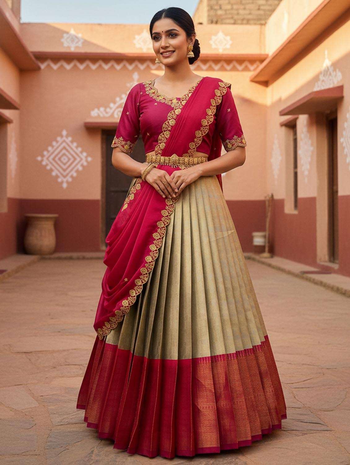 women self design south indian style unstitched lehenga choli set - 22300511 -  Standard Image - 1