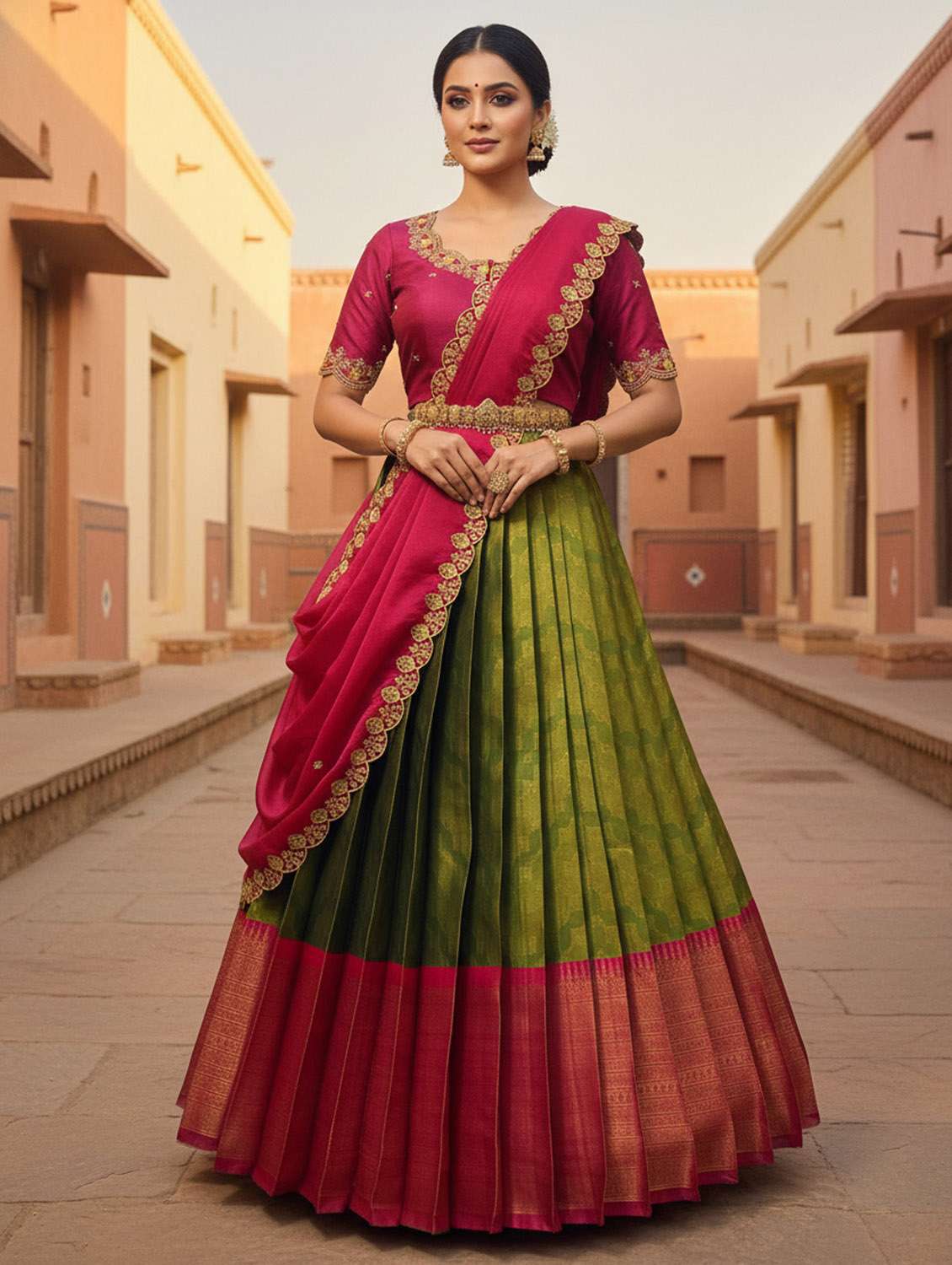 green silk flared lehenga - 22300513 -  Standard Image - 1