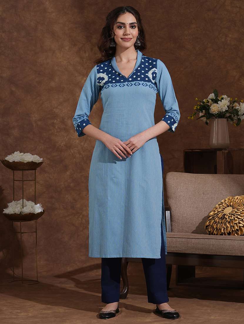 women striped three quarter sleeve straight kurta