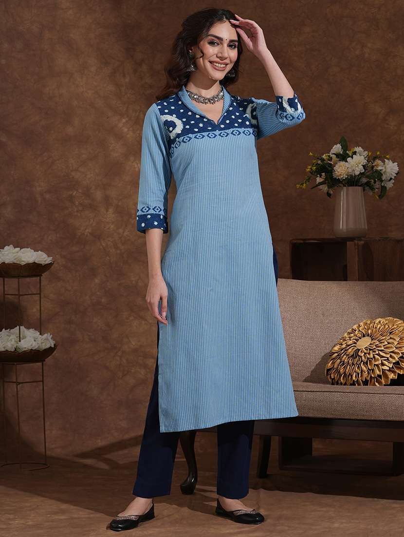 women striped three quarter sleeve straight kurta - 22300518 -  Standard Image - 1