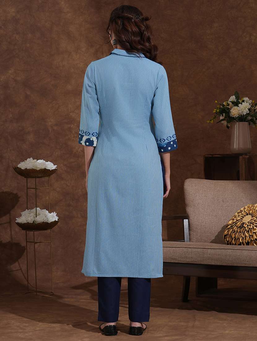 women striped three quarter sleeve straight kurta - 22300518 -  Standard Image - 4