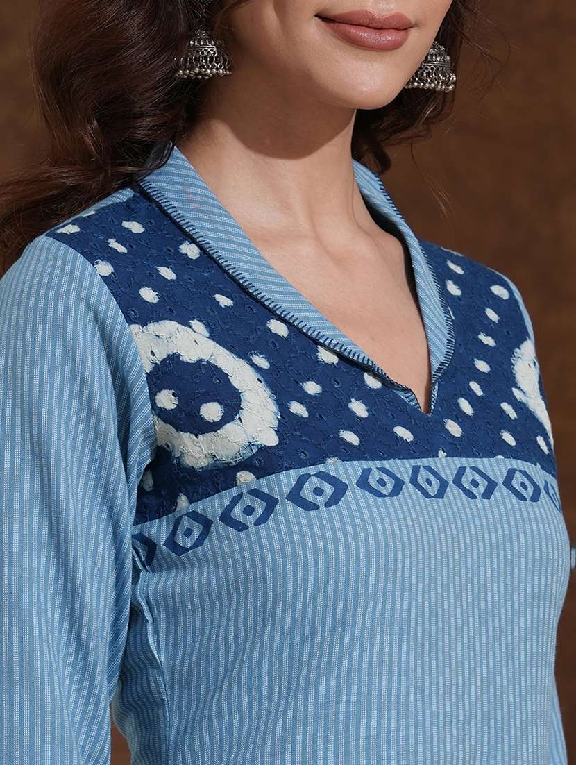 women striped three quarter sleeve straight kurta - 22300518 -  Standard Image - 6