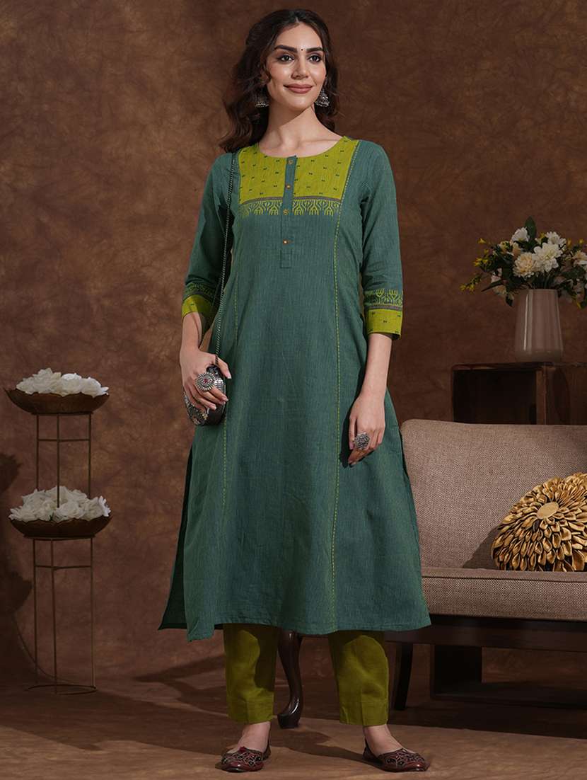women striped three quarter sleeve a-line kurta - 22300520 -  Standard Image - 1